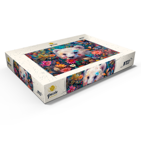 Alternative Darstellung des Puzzle-Motivs Entzückendes weißes Bärenjunges, umgeben von bunten Blumen – Puzzleteile: 1000
