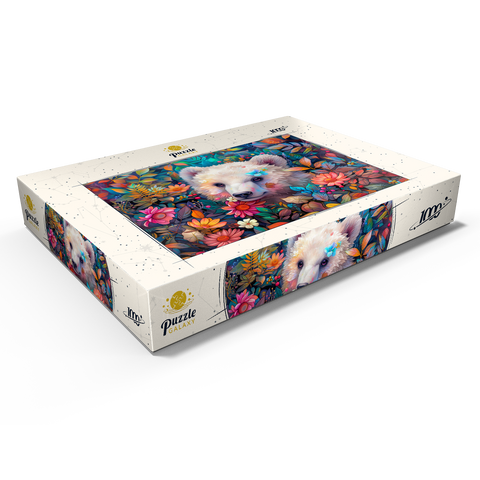 Darstellung des Puzzle Motivs Entzückendes weißes Bärenjunges, umgeben von bunten Blumen Adorable White Bear Cub Surrounded by Vibrant Flowers 1000 Puzzle Schachtel Ansicht1
