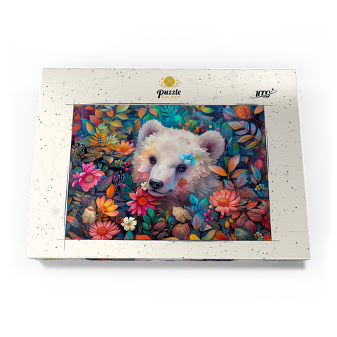 Darstellung des Puzzle Motivs Entzückendes weißes Bärenjunges, umgeben von bunten Blumen Adorable White Bear Cub Surrounded by Vibrant Flowers 1000 Puzzle Schachtel Ansicht3