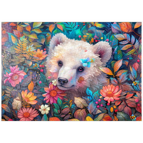Darstellung des Puzzle Motivs Entzückendes weißes Bärenjunges, umgeben von bunten Blumen puzzleplate Adorable White Bear Cub Surrounded by Vibrant Flowers 1000 Puzzle