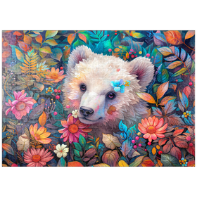 Darstellung des Puzzle Motivs Entzückendes weißes Bärenjunges, umgeben von bunten Blumen - Puzzleteile: 1000