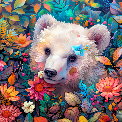 Darstellung des Puzzle Motivs Entzückendes weißes Bärenjunges, umgeben von bunten Blumen Adorable White Bear Cub Surrounded by Vibrant Flowers 1000 Puzzle 3D Modell