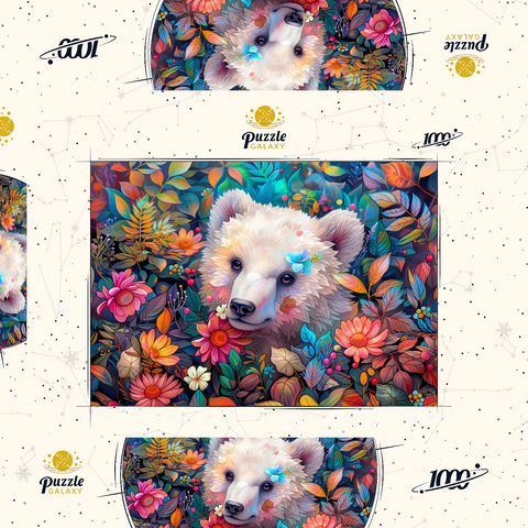 Darstellung des Puzzle Motivs Entzückendes weißes Bärenjunges, umgeben von bunten Blumen Adorable White Bear Cub Surrounded by Vibrant Flowers 1000 Puzzle Schachtel 3D Modell
