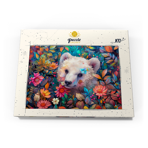 Darstellung des Puzzle Motivs Entzückendes weißes Bärenjunges, umgeben von bunten Blumen Adorable White Bear Cub Surrounded by Vibrant Flowers 100 Puzzle Schachtel Ansicht3