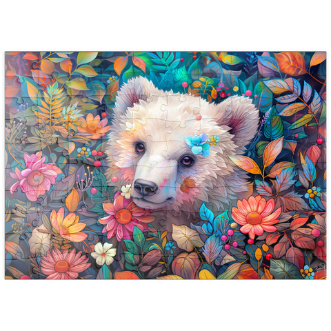 Darstellung des Puzzle Motivs Entzückendes weißes Bärenjunges, umgeben von bunten Blumen puzzleplate Adorable White Bear Cub Surrounded by Vibrant Flowers 100 Puzzle