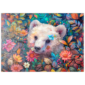 Darstellung des Puzzle Motivs Entzückendes weißes Bärenjunges, umgeben von bunten Blumen - Puzzleteile: 100