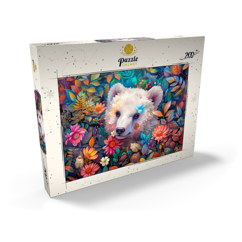 Darstellung des Puzzle Motivs Entzückendes weißes Bärenjunges, umgeben von bunten Blumen Adorable White Bear Cub Surrounded by Vibrant Flowers 200 Puzzle Schachtel Ansicht2