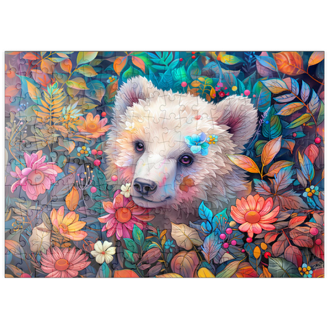 Darstellung des Puzzle Motivs Entzückendes weißes Bärenjunges, umgeben von bunten Blumen puzzleplate Adorable White Bear Cub Surrounded by Vibrant Flowers 200 Puzzle