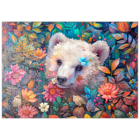 Darstellung des Puzzle Motivs Entzückendes weißes Bärenjunges, umgeben von bunten Blumen - Puzzleteile: 200