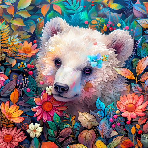 Darstellung des Puzzle Motivs Entzückendes weißes Bärenjunges, umgeben von bunten Blumen Adorable White Bear Cub Surrounded by Vibrant Flowers 200 Puzzle 3D Modell