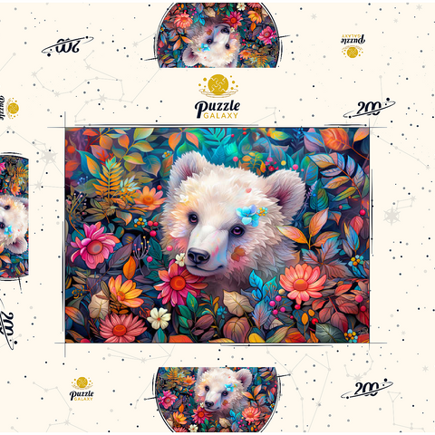 Darstellung des Puzzle Motivs Entzückendes weißes Bärenjunges, umgeben von bunten Blumen Adorable White Bear Cub Surrounded by Vibrant Flowers 200 Puzzle Schachtel 3D Modell