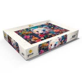 Alternative Darstellung des Puzzle-Motivs Entzückendes weißes Bärenjunges, umgeben von bunten Blumen – Puzzleteile: 500