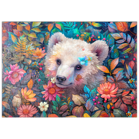 Darstellung des Puzzle-Motivs Entzückendes weißes Bärenjunges, umgeben von bunten Blumen – Puzzleteile: 500