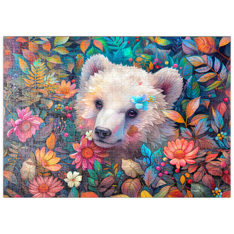 Darstellung des Puzzle Motivs Entzückendes weißes Bärenjunges, umgeben von bunten Blumen puzzleplate Adorable White Bear Cub Surrounded by Vibrant Flowers 500 Puzzle