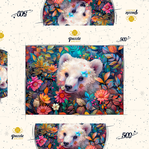 Darstellung des Puzzle Motivs Entzückendes weißes Bärenjunges, umgeben von bunten Blumen Adorable White Bear Cub Surrounded by Vibrant Flowers 500 Puzzle Schachtel 3D Modell