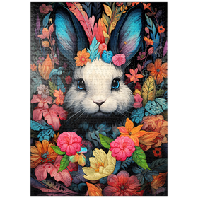 Darstellung des Puzzle Motivs Verspielter Hase im Blumenwunderland - Puzzleteile: 1000