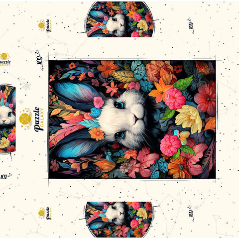 Darstellung des Puzzle Motivs Verspielter Hase im Blumenwunderland Whimsical Bunny in a Floral Wonderland 100 Puzzle Schachtel 3D Modell