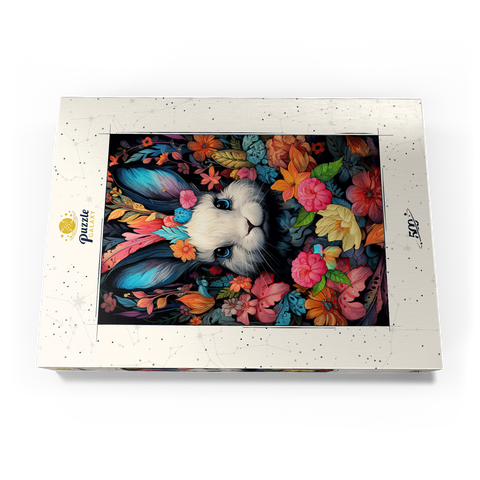 Darstellung des Puzzle Motivs Verspielter Hase im Blumenwunderland Whimsical Bunny in a Floral Wonderland 500 Puzzle Schachtel Ansicht3