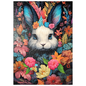 Darstellung des Puzzle Motivs Verspielter Hase im Blumenwunderland - Puzzleteile: 500