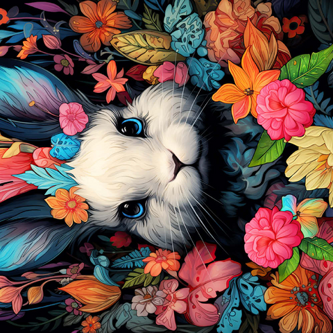Darstellung des Puzzle Motivs Verspielter Hase im Blumenwunderland Whimsical Bunny in a Floral Wonderland 500 Puzzle 3D Modell