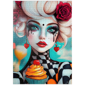 Darstellung des Puzzle-Motivs Skurrile Frau mit Cupcake und surrealem Make-up – Puzzleteile: 1000