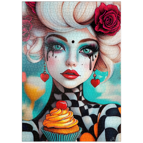 Darstellung des Puzzle Motivs Skurrile Frau mit Cupcake und surrealem Make-up puzzleplate Whimsical Woman with Cupcake and Surreal Makeup 1000 Puzzle