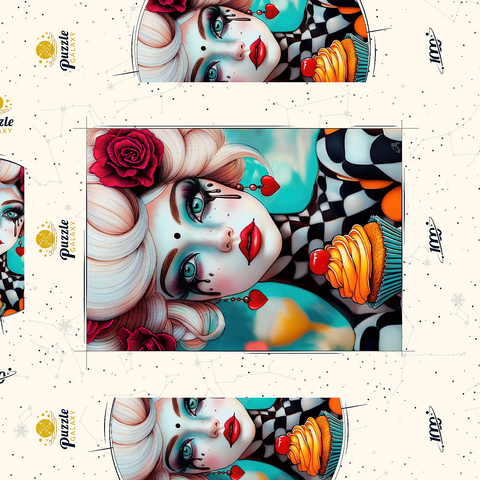 Darstellung des Puzzle Motivs Skurrile Frau mit Cupcake und surrealem Make-up Whimsical Woman with Cupcake and Surreal Makeup 1000 Puzzle Schachtel 3D Modell