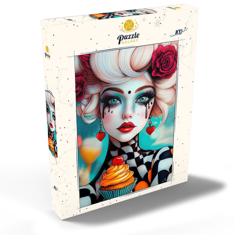 Darstellung des Puzzle Motivs Skurrile Frau mit Cupcake und surrealem Make-up Whimsical Woman with Cupcake and Surreal Makeup 100 Puzzle Schachtel Ansicht2