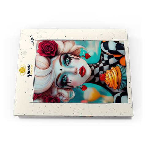 Darstellung des Puzzle Motivs Skurrile Frau mit Cupcake und surrealem Make-up Whimsical Woman with Cupcake and Surreal Makeup 100 Puzzle Schachtel Ansicht3