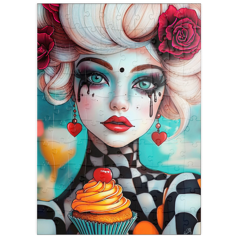 Darstellung des Puzzle Motivs Skurrile Frau mit Cupcake und surrealem Make-up puzzleplate Whimsical Woman with Cupcake and Surreal Makeup 100 Puzzle