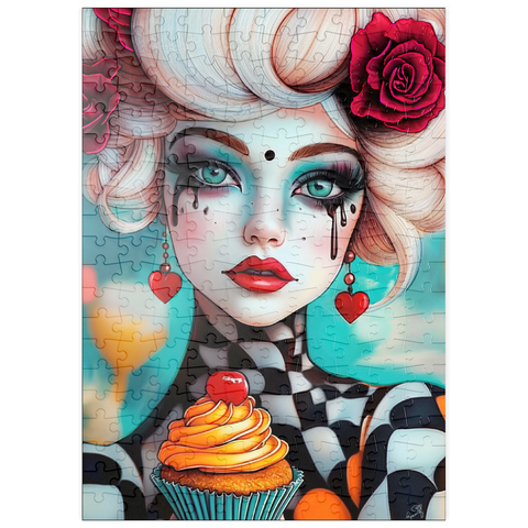 Darstellung des Puzzle Motivs Skurrile Frau mit Cupcake und surrealem Make-up puzzleplate Whimsical Woman with Cupcake and Surreal Makeup 200 Puzzle