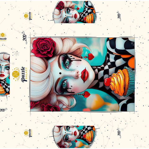 Darstellung des Puzzle Motivs Skurrile Frau mit Cupcake und surrealem Make-up Whimsical Woman with Cupcake and Surreal Makeup 200 Puzzle Schachtel 3D Modell