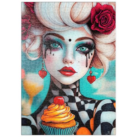 Darstellung des Puzzle Motivs Skurrile Frau mit Cupcake und surrealem Make-up puzzleplate Whimsical Woman with Cupcake and Surreal Makeup 500 Puzzle