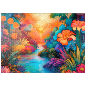 Darstellung des Puzzle-Motivs Fantasy River Valley mit lebhaftem Sonnenuntergang – Puzzleteile: 1000