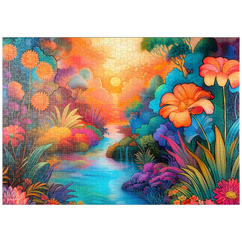Darstellung des Puzzle Motivs Fantasy River Valley mit lebhaftem Sonnenuntergang puzzleplate Fantasy River Valley with Vibrant Sunset 1000 Puzzle