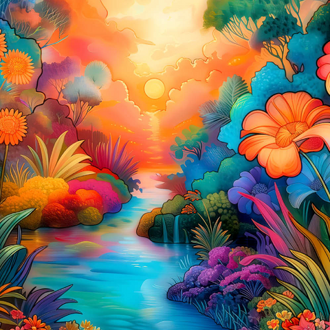 Darstellung des Puzzle Motivs Fantasy River Valley mit lebhaftem Sonnenuntergang Fantasy River Valley with Vibrant Sunset 500 Puzzle 3D Modell