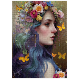Darstellung des Puzzle-Motivs Ätherische Frau mit Blumenkranz und Schmetterlingen – Puzzleteile: 1000