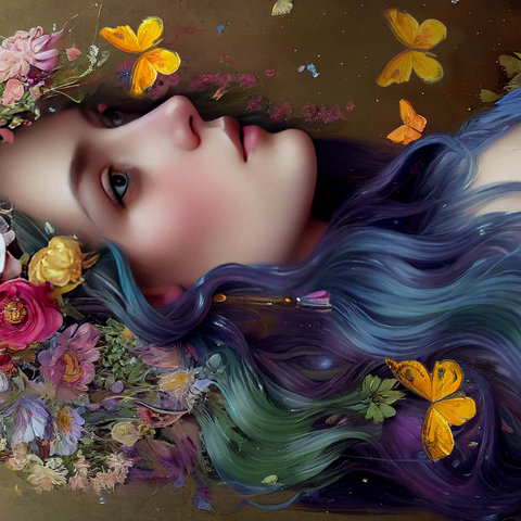 Darstellung des Puzzle Motivs Ätherische Frau mit Blumenkranz und Schmetterlingen Ethereal Woman with Floral Crown and Butterflies 1000 Puzzle 3D Modell