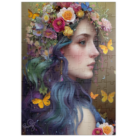 Darstellung des Puzzle Motivs Ätherische Frau mit Blumenkranz und Schmetterlingen - Puzzleteile: 100