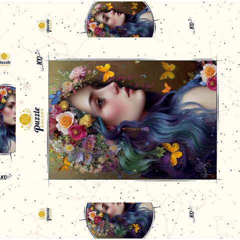Darstellung des Puzzle Motivs Ätherische Frau mit Blumenkranz und Schmetterlingen Ethereal Woman with Floral Crown and Butterflies 100 Puzzle Schachtel 3D Modell