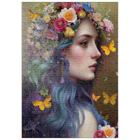Darstellung des Puzzle-Motivs Ätherische Frau mit Blumenkranz und Schmetterlingen – Puzzleteile: 200