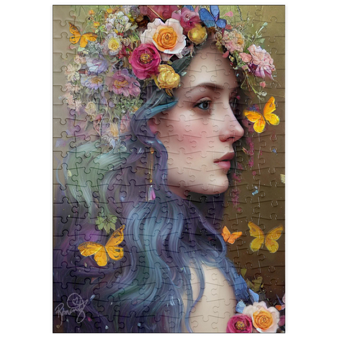 Darstellung des Puzzle Motivs Ätherische Frau mit Blumenkranz und Schmetterlingen puzzleplate Ethereal Woman with Floral Crown and Butterflies 200 Puzzle