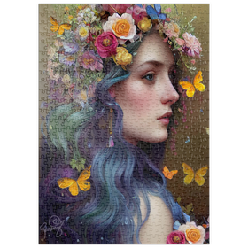 Darstellung des Puzzle-Motivs Ätherische Frau mit Blumenkranz und Schmetterlingen – Puzzleteile: 500