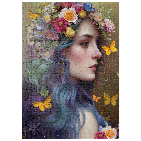 Darstellung des Puzzle Motivs Ätherische Frau mit Blumenkranz und Schmetterlingen puzzleplate Ethereal Woman with Floral Crown and Butterflies 500 Puzzle