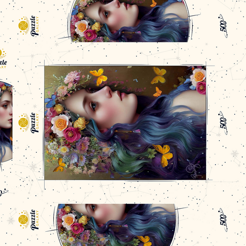 Darstellung des Puzzle Motivs Ätherische Frau mit Blumenkranz und Schmetterlingen Ethereal Woman with Floral Crown and Butterflies 500 Puzzle Schachtel 3D Modell