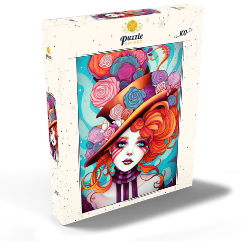 Darstellung des Puzzle Motivs Verspielter Rosenhut und feuriges Haar-Porträt Whimsical Rose Hat and Fiery Hair Portrait 100 Puzzle Schachtel Ansicht2