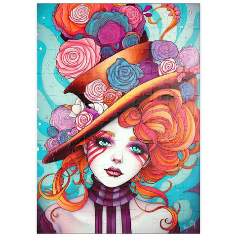 Darstellung des Puzzle Motivs Verspielter Rosenhut und feuriges Haar-Porträt puzzleplate Whimsical Rose Hat and Fiery Hair Portrait 100 Puzzle