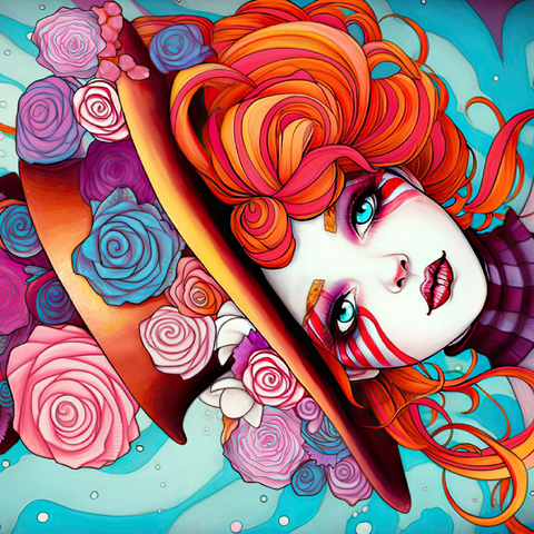 Darstellung des Puzzle Motivs Verspielter Rosenhut und feuriges Haar-Porträt Whimsical Rose Hat and Fiery Hair Portrait 100 Puzzle 3D Modell