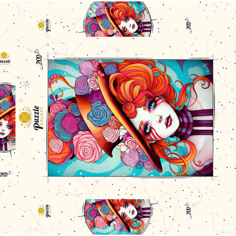 Darstellung des Puzzle Motivs Verspielter Rosenhut und feuriges Haar-Porträt Whimsical Rose Hat and Fiery Hair Portrait 200 Puzzle Schachtel 3D Modell