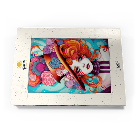 Darstellung des Puzzle Motivs Verspielter Rosenhut und feuriges Haar-Porträt Whimsical Rose Hat and Fiery Hair Portrait 500 Puzzle Schachtel Ansicht3